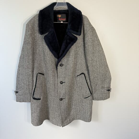 Richman Brother Vintage Fur Lined Wool Over Coat Size 44 Gray Black Herringbone - Picture 1 of 8